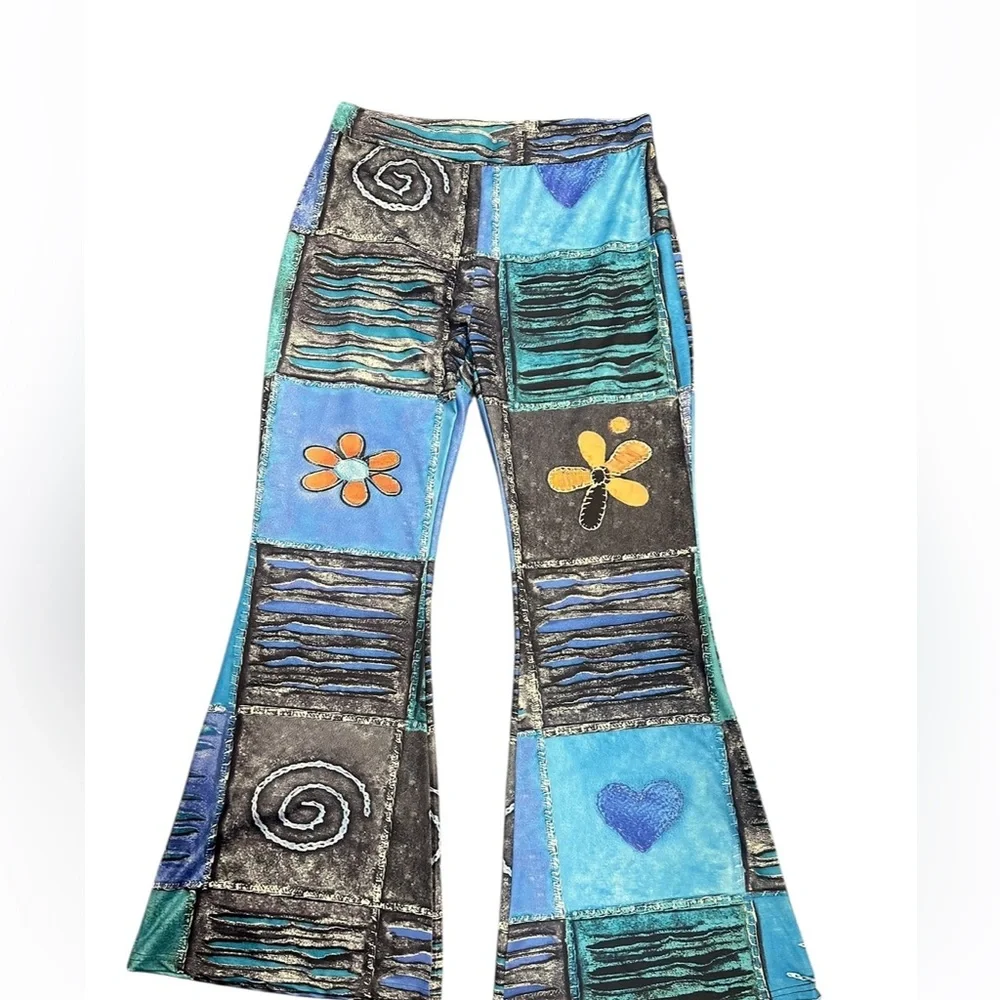 L/XL. Colorful Patchwork Flare Pants. BL/RD 12. - Picture 2 of 2
